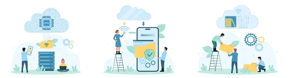 Security and work with cloud data service, tiny people upload folders to digital Stock Illustration