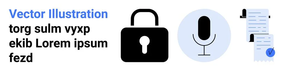 Security, Audio Recording, and Document Verification Icons in Minimalist Desi Illustrazione stock