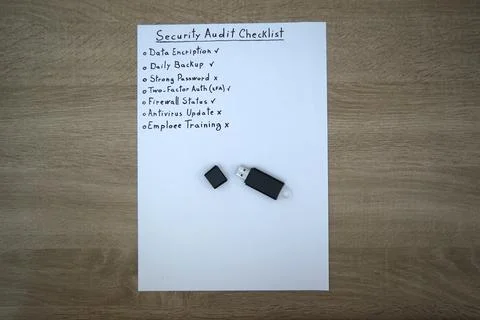 Security audit checklist and USB flash drive concept Stock-Fotos