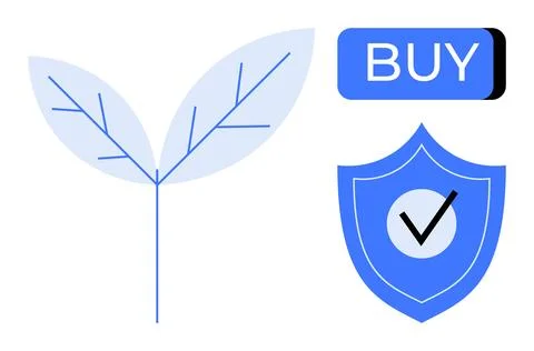 Security Badge with Checkmark, Leaf, and Buy Button Symbolizing Environment.. 스톡 일러스트