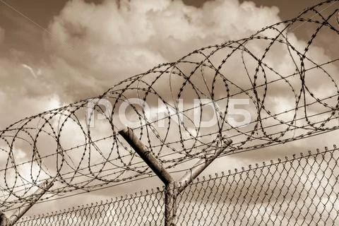 Security barrier with a barbed wire fence Stock Photos