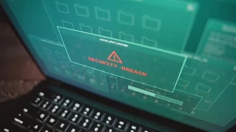 Security breach alert pop on laptop screen after hacking attempt on server or Stock Footage 332445265