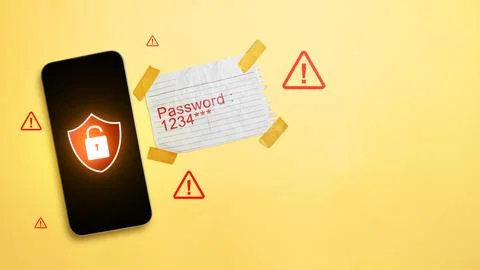 Security breach on a cellphone, featuring an open padlock inside a shield o.. Stock Photos