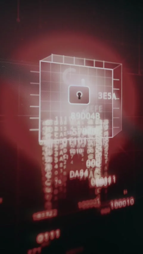 Security breach visualization featuring a 3D cube releasing encrypted data Stock Footage 333831989
