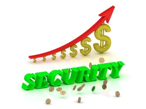 SECURITY- bright color letters and graphic growing dollars and red arrow on a Stock Illustration