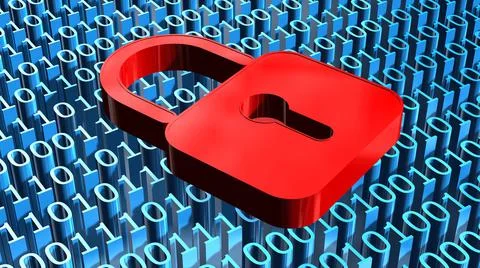 Security business concept - red closed padlock over a binary code surface Stock Illustration