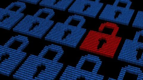 Security business concept - several blue closed padlocks and an open red one Illustrazione stock