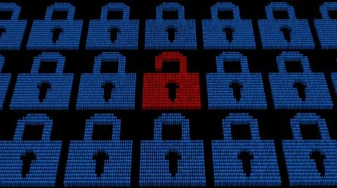 Security business concept - several blue closed padlocks and an open red one Иллюстрация