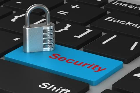 Security button and padlock on keyboard. 3D illustration Stock Illustration