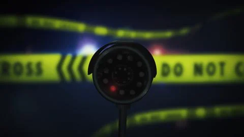 Security camera against police background with do-not-cross barrier tape Illustrazione stock