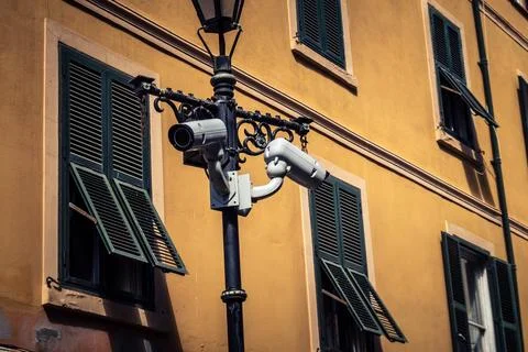 Security Camera and CCTV Surveillance on Main Street Stock Photos