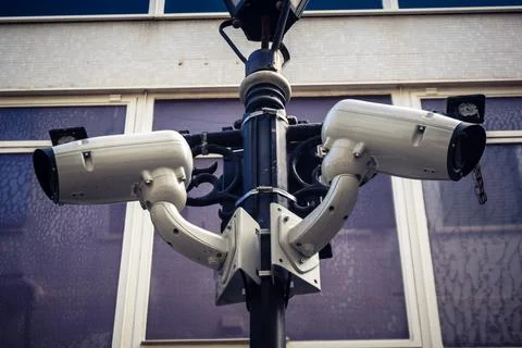 Security Camera and CCTV Surveillance on Main Street Stock Photos