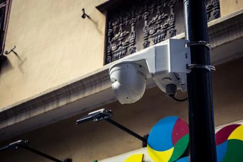 Security Camera and CCTV Surveillance on Main Street Stock Photos