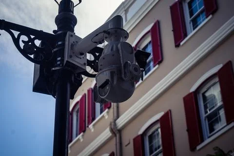 Security Camera and CCTV Surveillance on Main Street Stock Photos