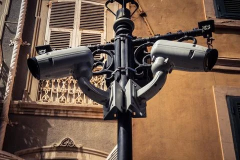 Security Camera and CCTV Surveillance on Main Street Stock Photos