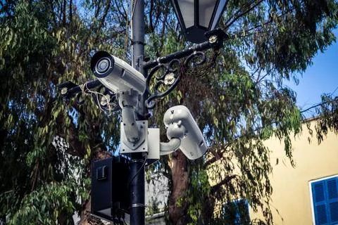 Security Camera and CCTV Surveillance on Main Street Stock Photos