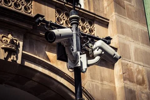 Security Camera and CCTV Surveillance on Main Street Stock Photos