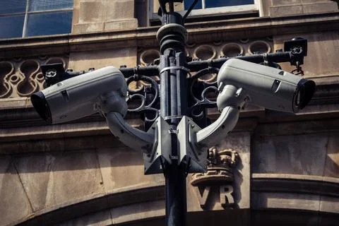 Security Camera and CCTV Surveillance on Main Street Stock Photos