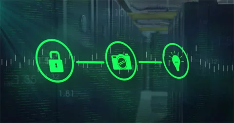 Security, camera, and idea icons connected in green over data center animation Stock Footage 305062505