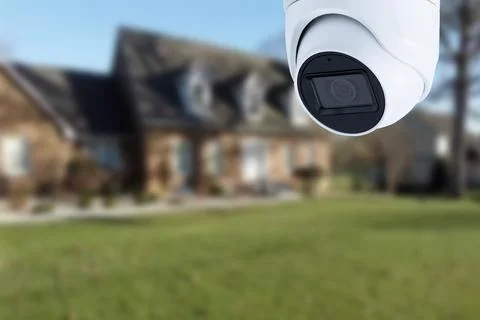 Security camera and private house on the background. Stock Photos