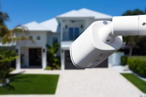 Security camera and private house on the background. Stock Photos