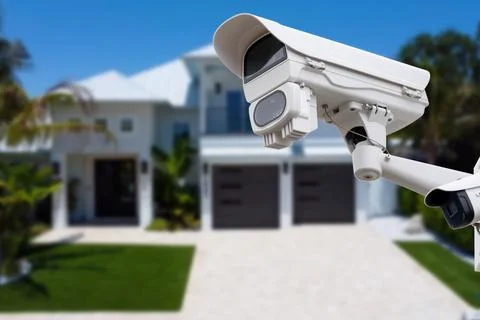 Security camera and private house on the background. Stock Photos