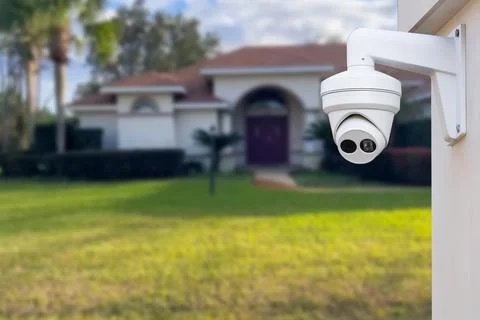 Security camera and private house on the background. Stock Photos