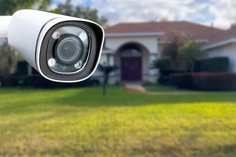 Security camera and private house on the background. Stock Photos
