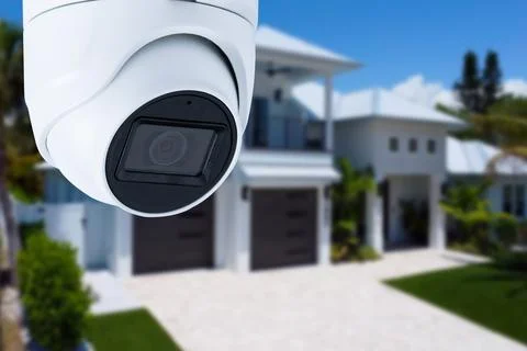 Security camera and private house on the background. Stock Photos