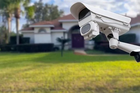Security camera and private house on the background. Stock Photos