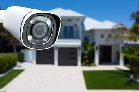 Security camera and private house on the background. Stock Photos