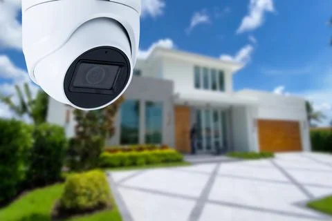 Security camera and private house on the background. Stock Photos