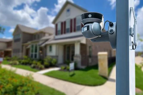 Security camera and private house on the background. Stock Photos