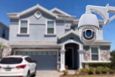 Security camera and private house on the background. Stock Photos