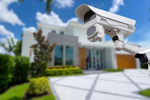 Security camera and private house on the background. Stock Photos