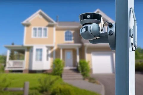 Security camera and private house on the background. Stock Photos