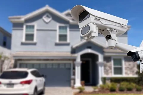 Security camera and private house on the background. Stock Photos
