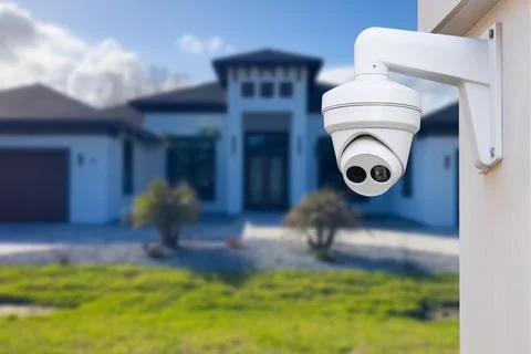Security camera and private house on the background. Stock Photos