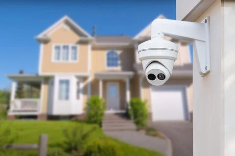 Security camera and private house on the background. Stock Photos