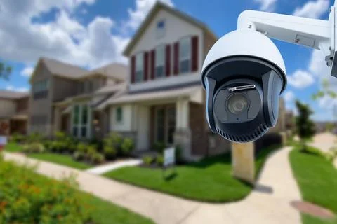 Security camera and private house on the background. Stock Photos