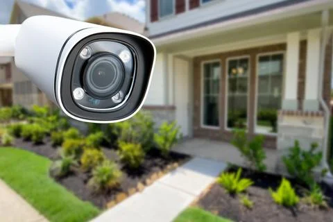 Security camera and private house on the background. Stock Photos