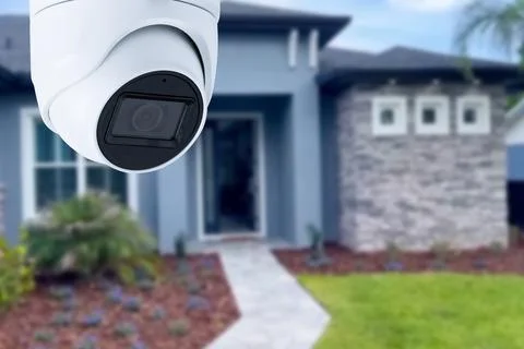 Security camera and private house on the background. Stock Photos