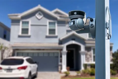 Security camera and private house on the background. Stock Photos