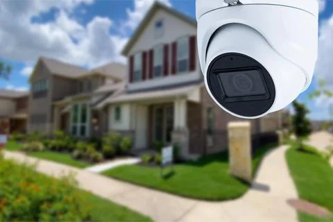 Security camera and private house on the background. Stock Photos