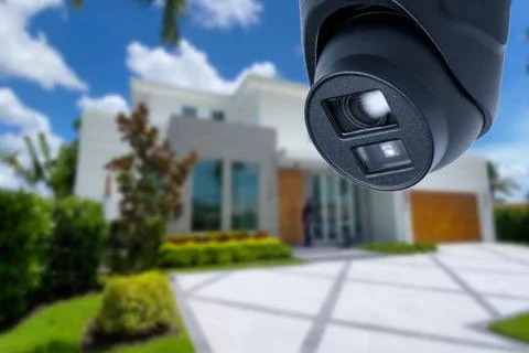 Security camera and private house on the background. Stock Photos