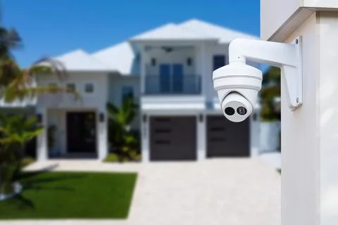 Security camera and private house on the background. Stock Photos