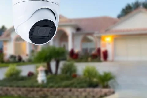 Security camera and private house on the background. Stock Photos