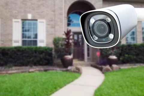 Security camera and private house on the background. Stock Photos