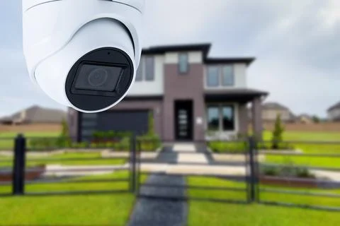 Security camera and private house on the background. Stock Photos