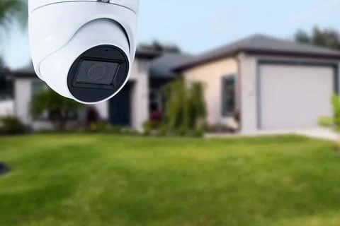 Security camera and private house on the background. Stock Photos